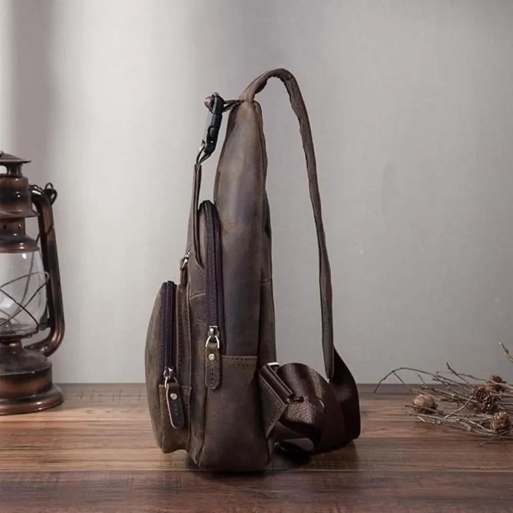 Men Fashion Casual Crossbody Chest Sling Bag, Genuine Leather, Dark Brown